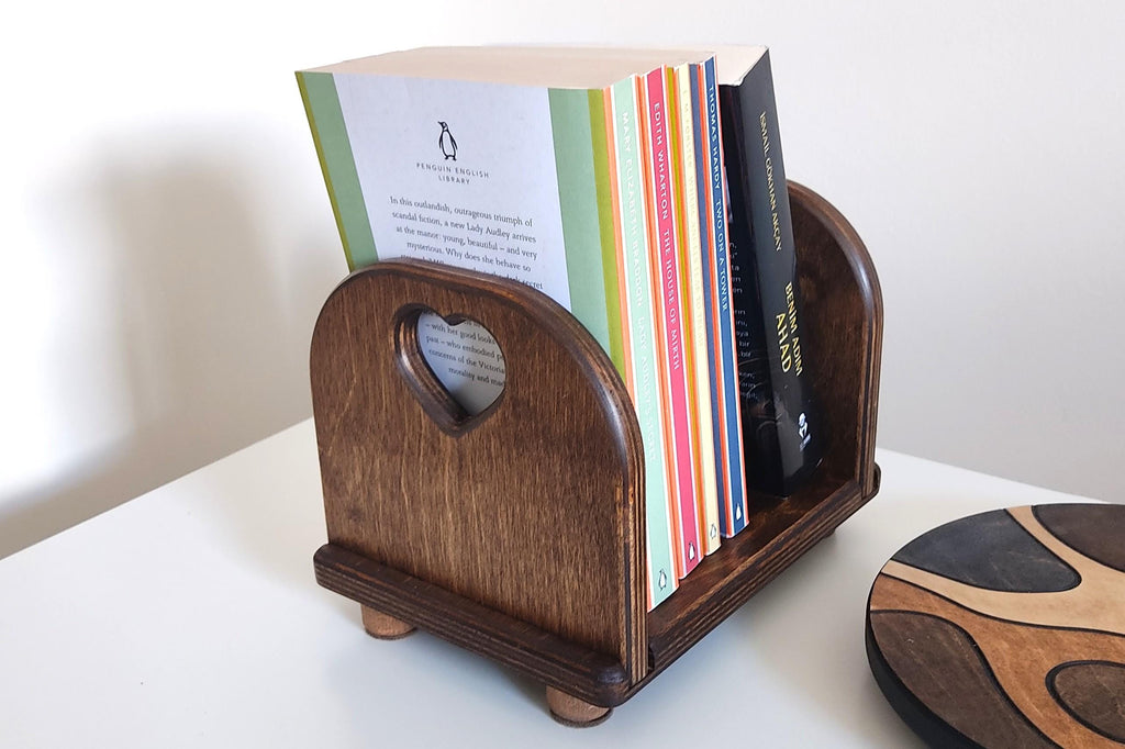 Wooden Tabletop Bookshelf With Heart Carving, Desktop Book Rack, Minimalist Wood Book Stand